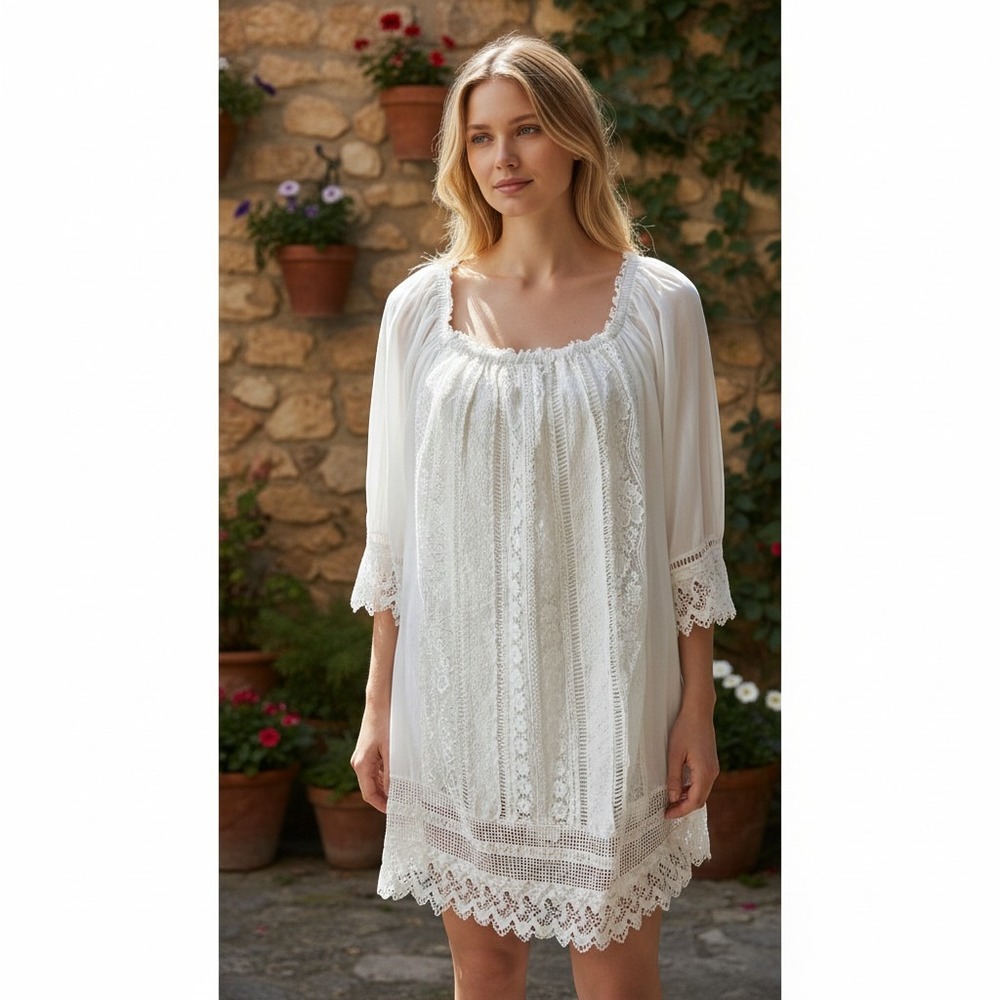 Bundle-3 White & Beige Bohemian Milkmaid Blouses Crochet Lacy Romantic Details L - Picture 2 of 16